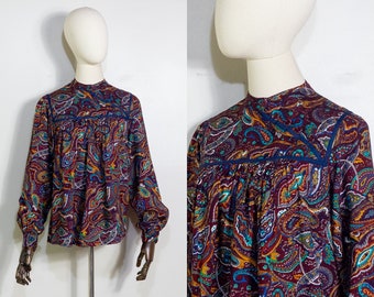 1970s burgundy paisley yoked blouse | vintage 70s draped asymmetrical rayon trapeze shirt with dark paisley print | S