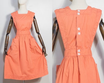 vintage 1940s salmon pink/orange cotton pinafore | 40s Angelica sanforized shrunk nurse uniform apron dress with pockets | S