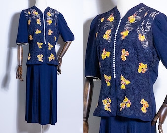 vintage 1930s FOGA navy blue floral soutache jacket and slip dress | 30s Fashion Originators Guild sleeveless dress and lace jacket | M/L