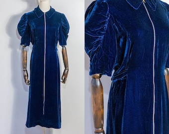 vintage 1930s deep blue velvet ruched sleeve dress | 30s indigo blue puff sleeve zip front silk velvet evening dress | S/M