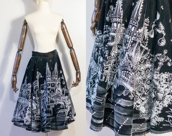 vintage 1950s painted velvet Mexican circle skirt | 50s Guadalajara city scene black and silver sequin full skirt | S