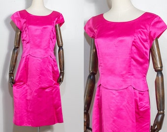 vintage 1960s bright pink cocktail dress| 60s faux two-piece silk party sheath dress| M/L