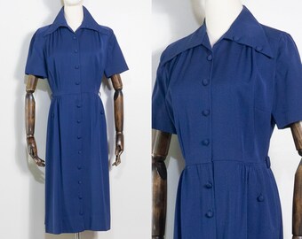 vintage 1940s dark blue button shirtdress  | 40s Vera Stewart Original navy blue rayon pointed collar navy shirtwaist dress | M