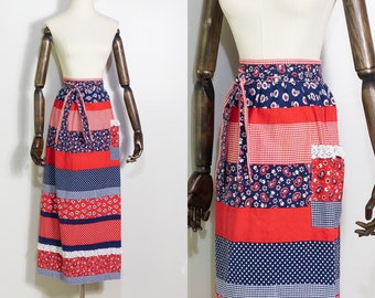 1970s red white blue patchwork print wrap skirt | vintage 70s Gilead striped mixed print floral maxi apron skirt with patch pocket | XXS