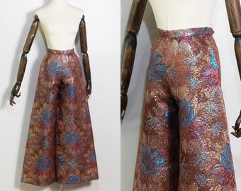 1970s Saint Laurent floral brocade wide leg pants | vintage 70s ysl Autumn/Winter 1972 metallic printed pattern trousers | XXS