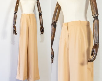 vintage 1990s Hermès tan wool pants | 90s Hermes high-waisted sand wide leg cuffed trousers | S