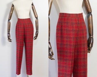 vintage 1950s Pendleton red plaid wool tapered pants | 50s Disneyland Frontierland red plum olive green checked trousers slacks | XS/S