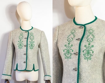 vintage 1970s embroidered boiled wool trachten Bavarian jacket  | 70s gray and green German Austrian folk jacket | S/M