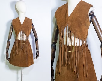 1970s brown suede fringed vest and mini skirt | vintage 70s Latigo West belted wrap skirt and long tassel vest set | XS/S