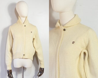vintage 1970s Pierre Cardin cream wool zip cardigan | 70s designer ivory neutral shawl collar sweater |  S