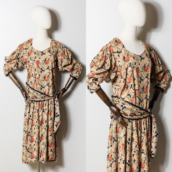 1980s drop-waist autumn leaves dress | vintage 80s Starina Creation rayon leaf printed dress | L