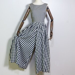 1970s black gingham wide leg jumpsuit | vintage 70s Bob Cunningham open back contrast print gingham jumpsuit | XS/S
