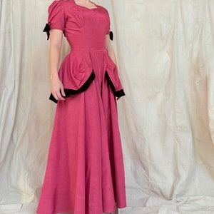 1940s pink taffeta and velvet dress | vintage 40s peplum and bows princess gown | S