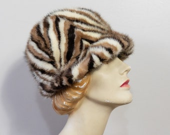 vintage 1960s striped fur cloche hat with original hat box | 60s Adolfo II Saks Fifth Avenue mod hat in ivory and brown stripes