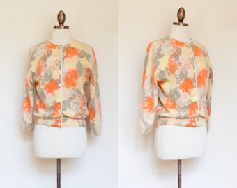 vintage 1960s yellow orange floral cardigan | 50s 60s by Darlene soft angora lambwool sweater | M