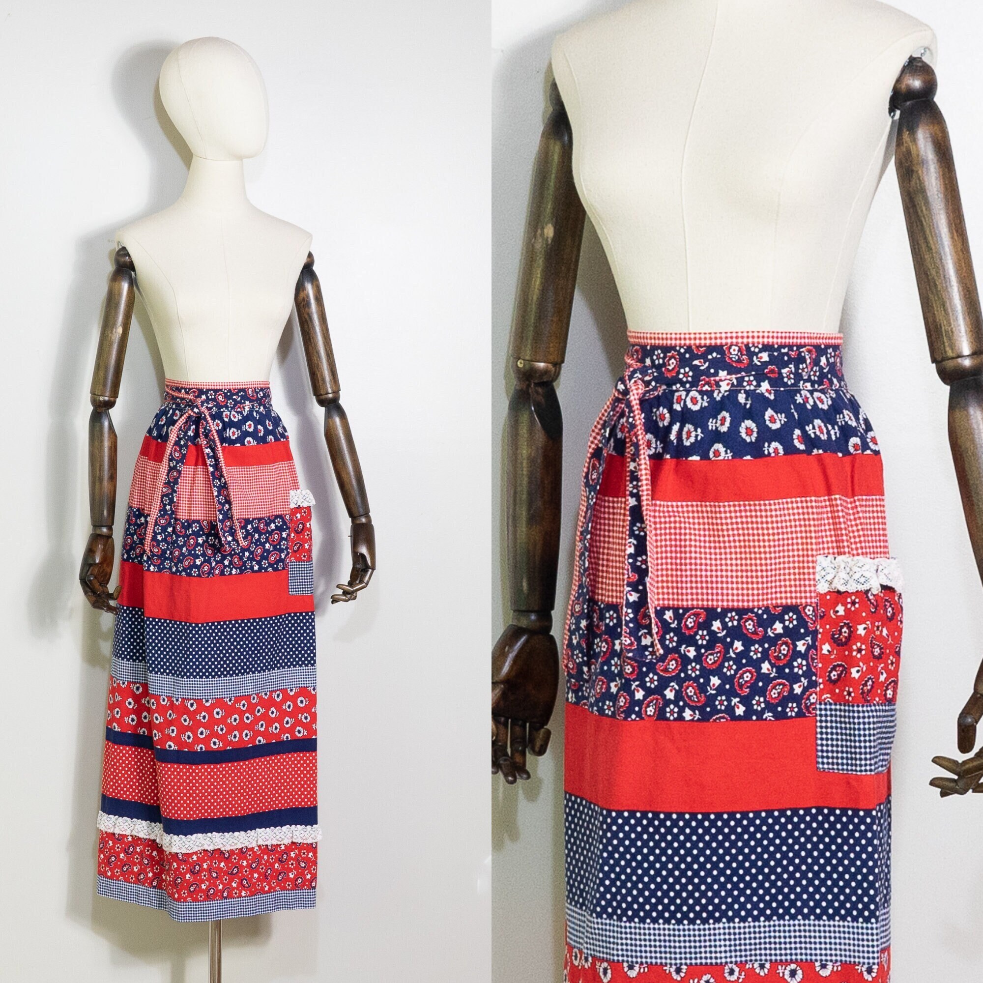 Vintage Aprons, Retro Aprons, Old Fashioned Aprons & Patterns 1970S Red White Blue Patchwork Print Wrap Skirt  Vintage 70S Gilead Striped Mixed Floral Maxi Apron With Patch Pocket Xxs $38.00 AT vintagedancer.com