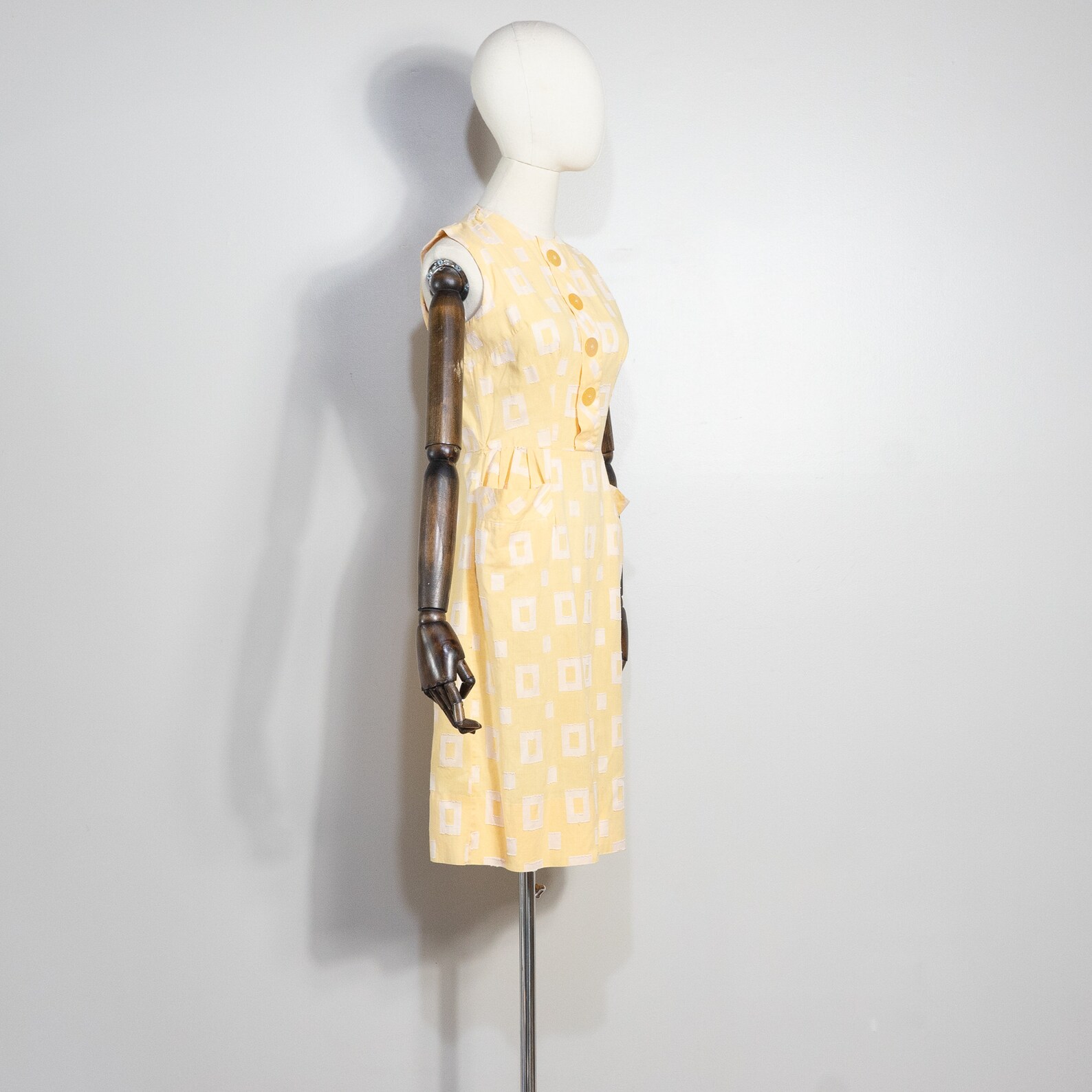 Vintage 1950s Tailored Yellow Rectangle Pattern Sheath Dress 50s Pale ...