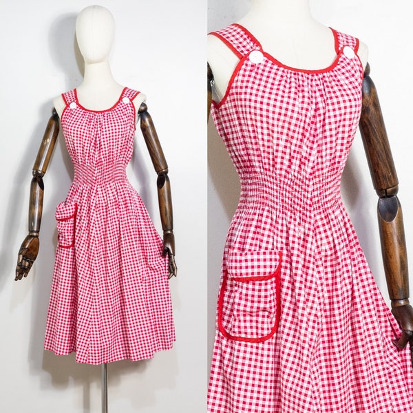 vintage 1940s red and white gingham sundress | 40s cotton sleeveless checked dress with smocked waist and patch pocket | XS to M