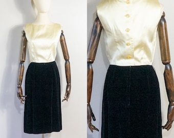 vintage 1960s ivory satin black velvet sheath dress | 60s cocktail party dress | S