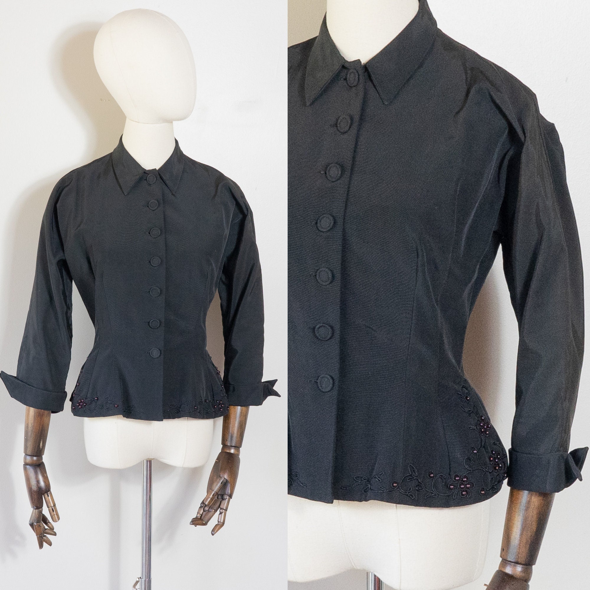 Real Vintage Search Engine 1940S 1950S New Look Black Fitted Taffeta Peplum Blazer  Vintage 40S 50S Dark Tailored Jacket With Floral Soutache  Beading Xs $78.00 AT vintagedancer.com