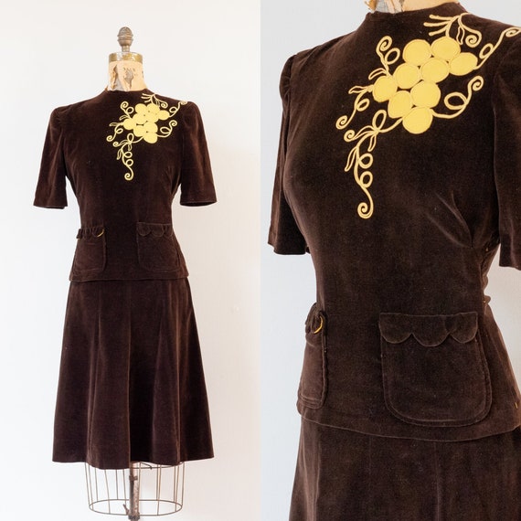 vintage 1940s brown velveteen skirt and top set |