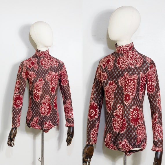 1970s mod paisley bodysuit in burgundy and brown … - image 1