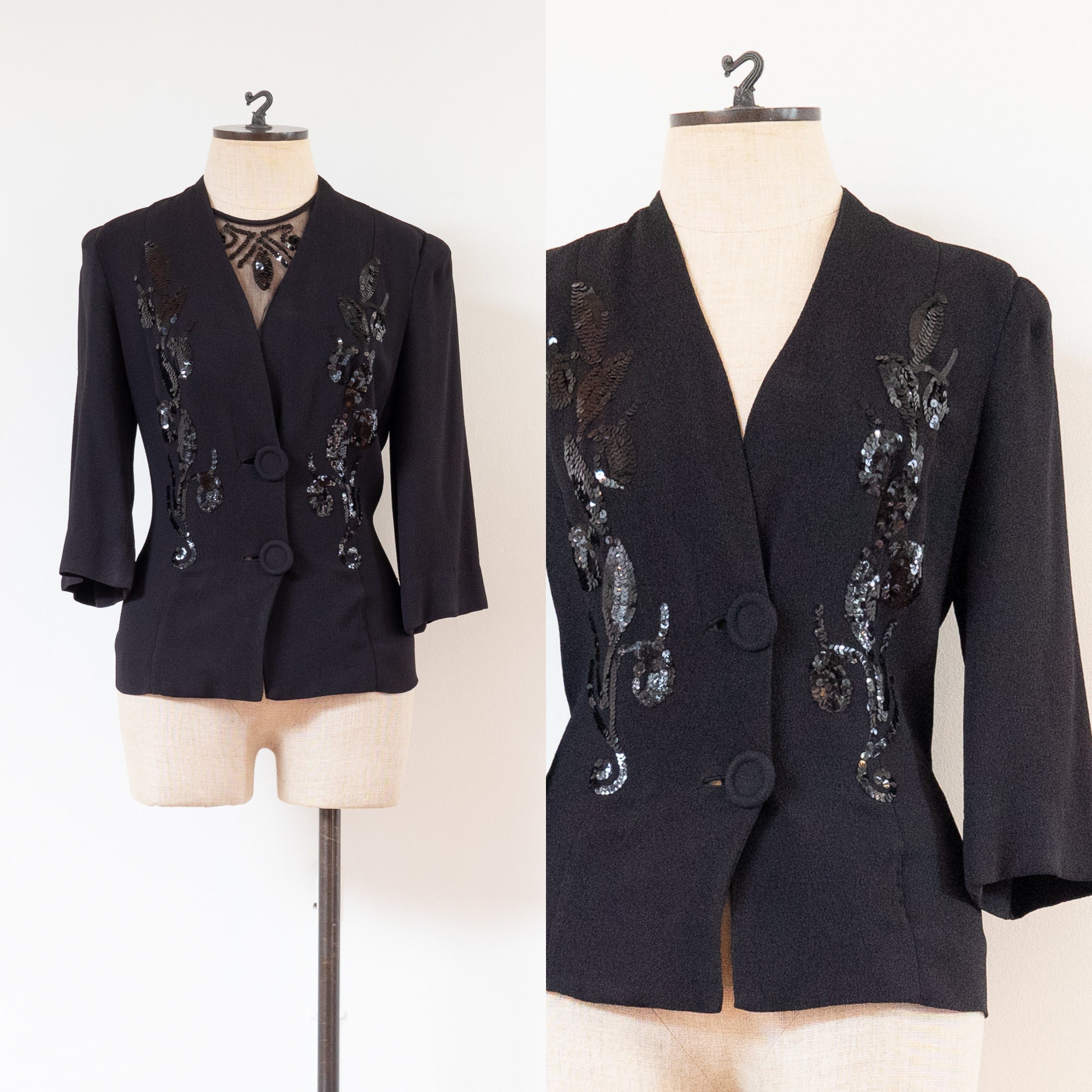 Real Vintage Search Engine Vintage 1940S Black Sequined Rayon Blazer  40S Noir Crepe Sequin Fitted Jacket With Removable Dickie XsS $68.00 AT vintagedancer.com