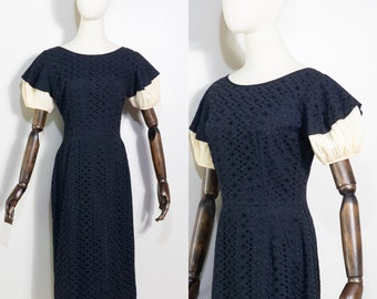 vintage 1950s black eyelet sheath dress | 50s tailored dress with unique puffed ivory sleeves | S