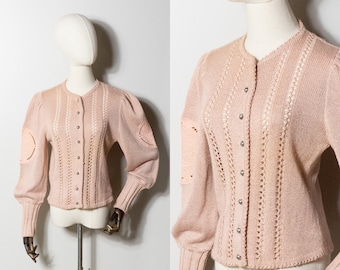 vintage 1980s pink puffed sleeve cotton cardigan | 80s Huber soft pink embroideredGerman folk cardigan | S