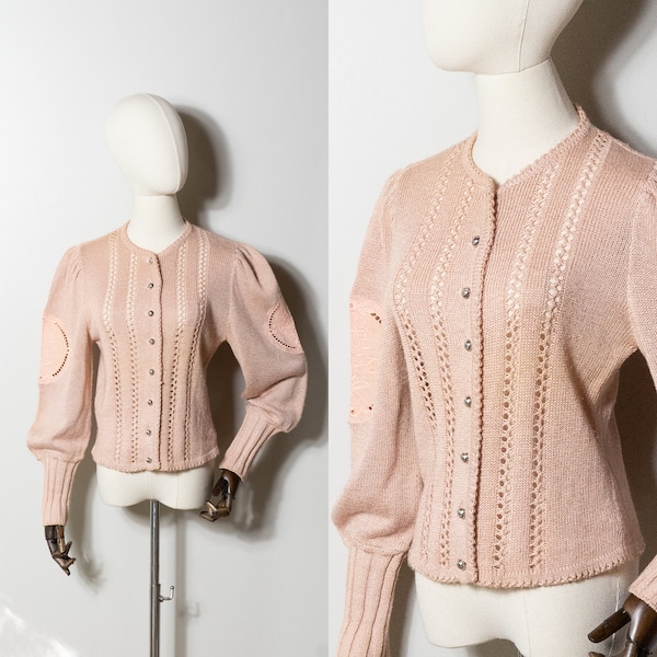 vintage 1980s pink puffed sleeve cotton cardigan | 80s Huber soft pink embroideredGerman folk cardigan | S