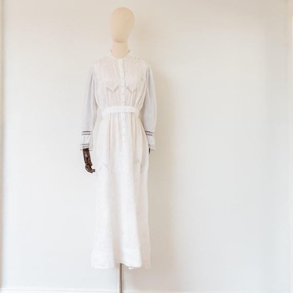 1910s Edwardian Embroidered Linen Dress: Antique … - image 1