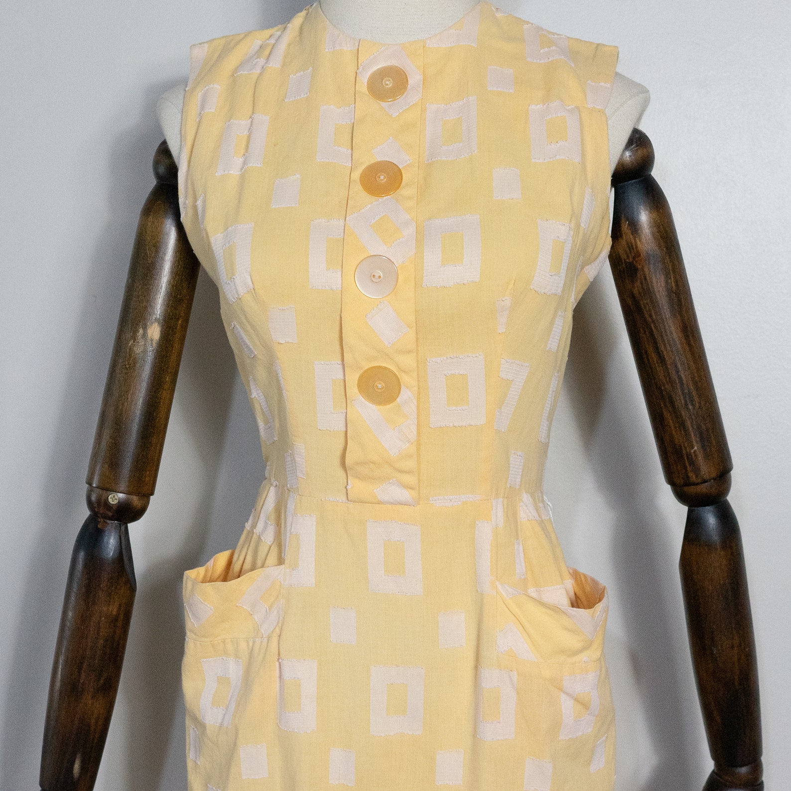 Vintage 1950s Tailored Yellow Rectangle Pattern Sheath Dress 50s Pale ...