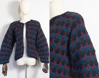 1980s geometric multicolor handmade cardigan black brown plum teal | vintage 80s Manos del Uruguay handspun wool knit sweater  | S