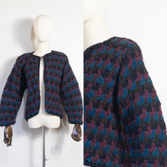 1980s geometric multicolor handmade cardigan blac… - image 1