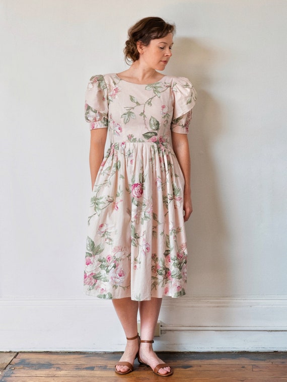 vintage 1980s puffed sleeve floral dress | 80s Lan