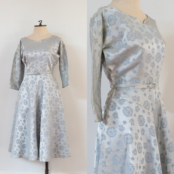 vintage 1950s ice blue brocade evening dress | 50s