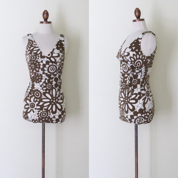 1960s brown and white abstract floral swimsuit | v