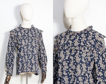 1980s Valentino Boutique dark floral ruffled blouse | vintage 80s designer dark floral print yoked top with rear button closure | S