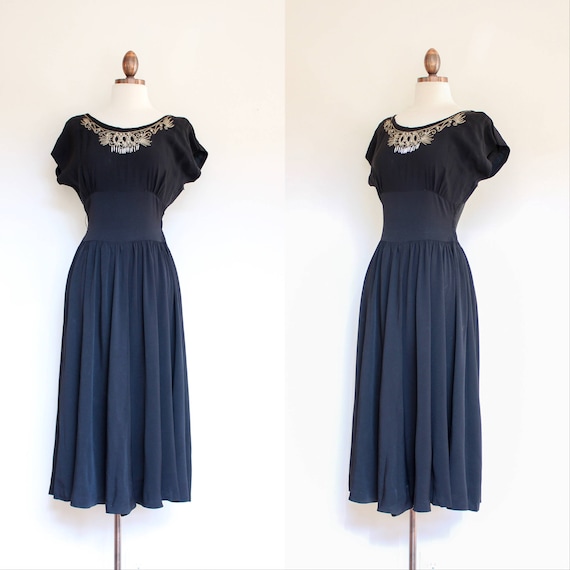vintage 1940s 1950s black rayon dress with embelli