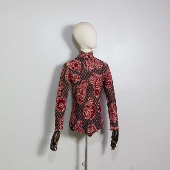 1970s mod paisley bodysuit in burgundy and brown … - image 2