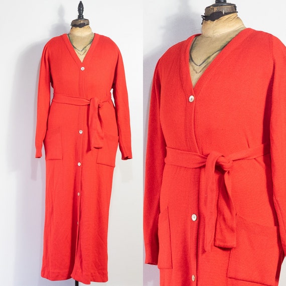 vintage 1970s red cashmere long cardigan with bel… - image 1