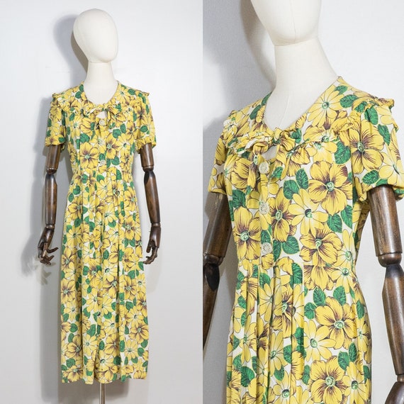 1940s yellow floral print dress | vintage 40s Sty… - image 1