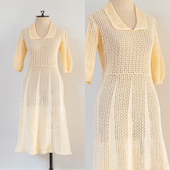 vintage 1930s ivory crochet collared dress | 30s b