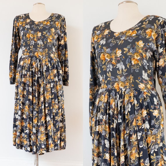 1990s dark floral print rayon dress | 90s vintage… - image 1