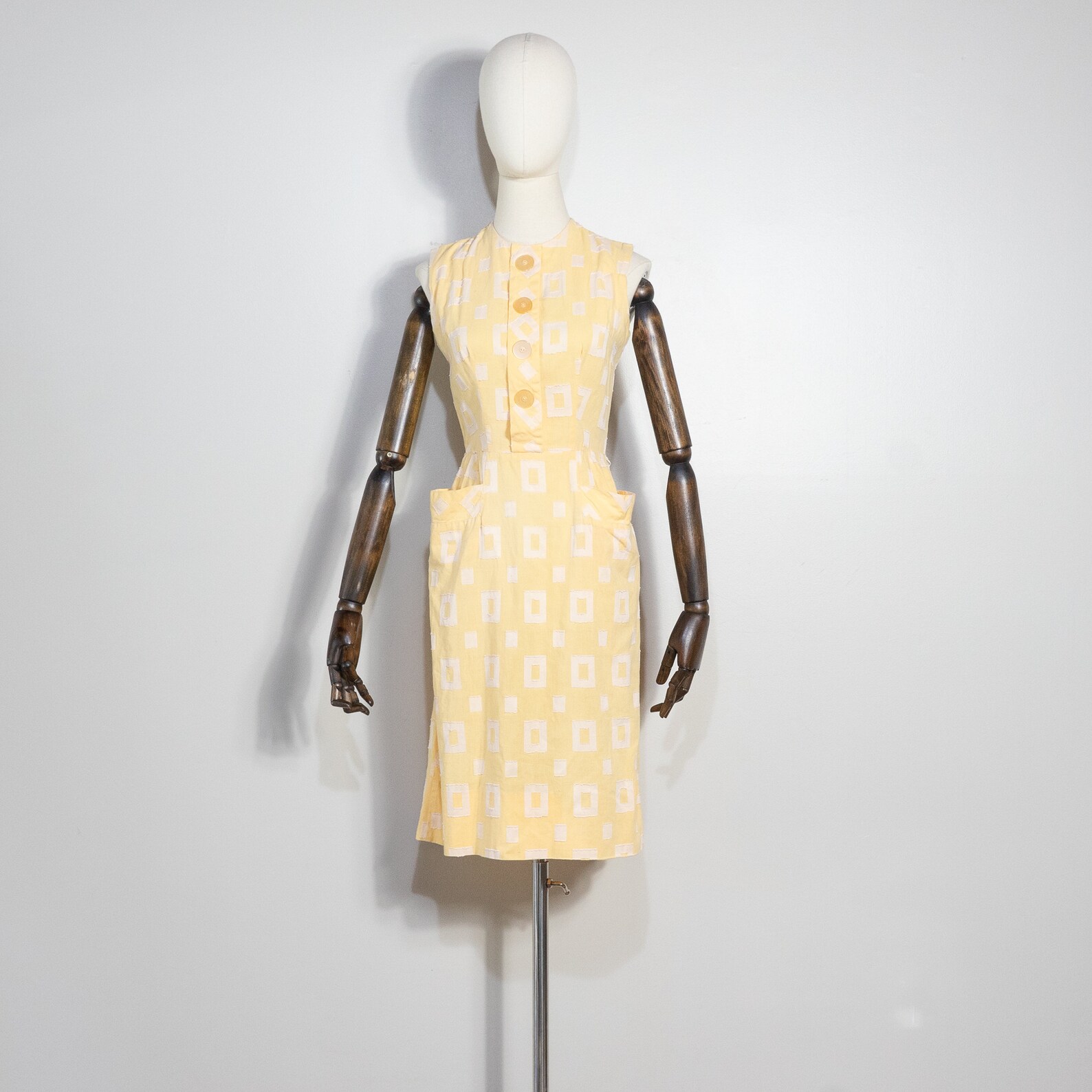 Vintage 1950s Tailored Yellow Rectangle Pattern Sheath Dress 50s Pale ...