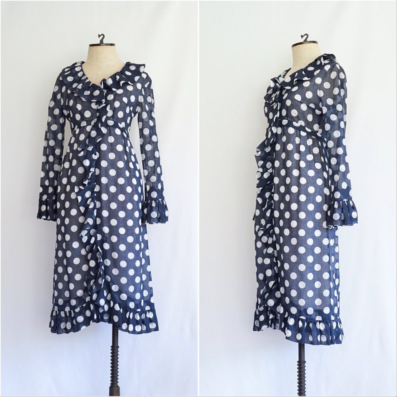 Vintage 1970s gray ruffled polka dot dress 70s A Brown | Etsy