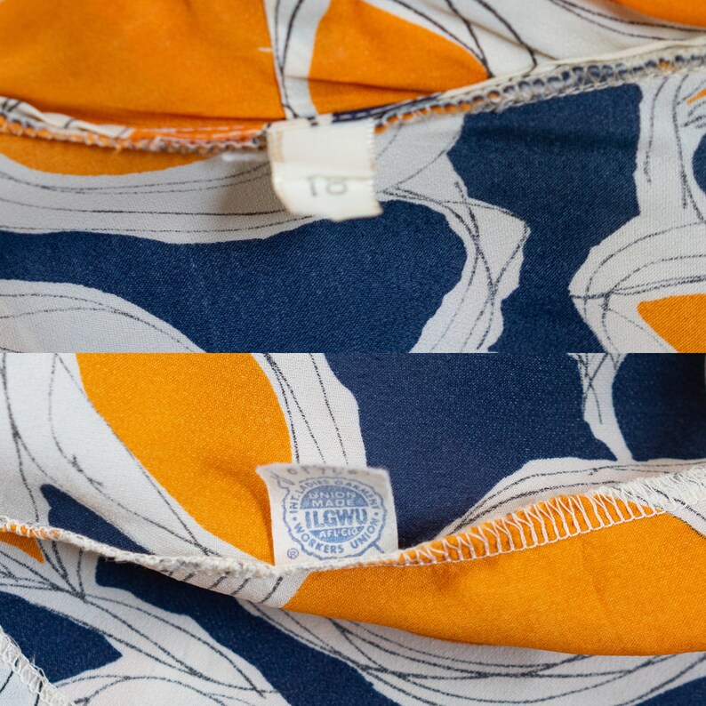 ML 1970s orange and blue abstract blouse 70s vintage pussy bow draped button-front rayon shirt with abstract floral print
