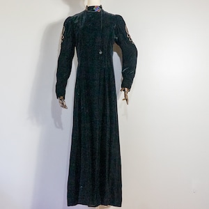 vintage 1930s black velvet coat with soutache and gems | 30s silk velvet full length opera cloak with puffed sleeves | S/M