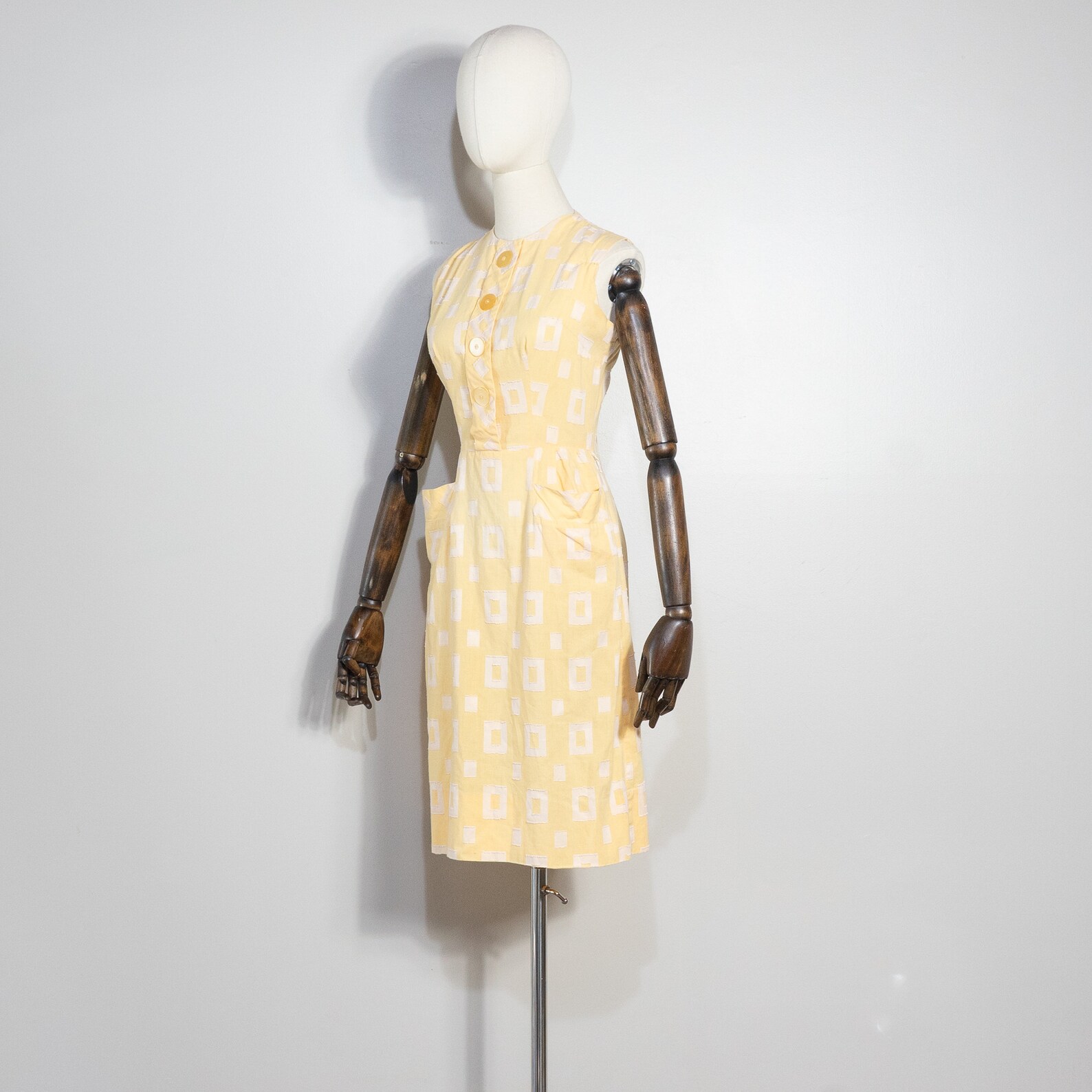 Vintage 1950s Tailored Yellow Rectangle Pattern Sheath Dress 50s Pale ...