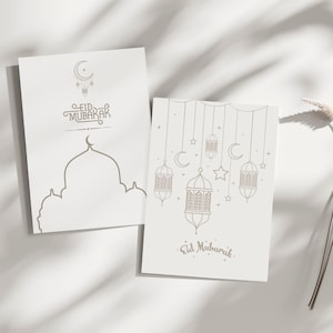 Conjunto de 2 cartões de Eid Mubarak para impressão | Download digital de cartões de felicitações islâmicos | Cartões minimalistas de Eid | Decoração para impressão de feriados muçulmanos